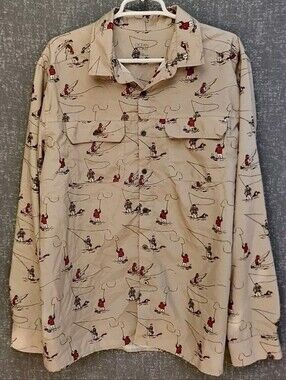 Men's Beige Fishing Print Button-Down Shirt